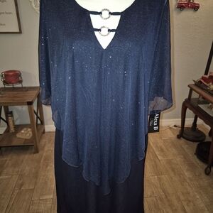 R&M Richards Blue Asymmetrical Gown with Flutter Sleeves